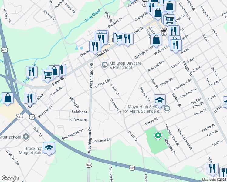 map of restaurants, bars, coffee shops, grocery stores, and more near 121 Coker Street in Darlington