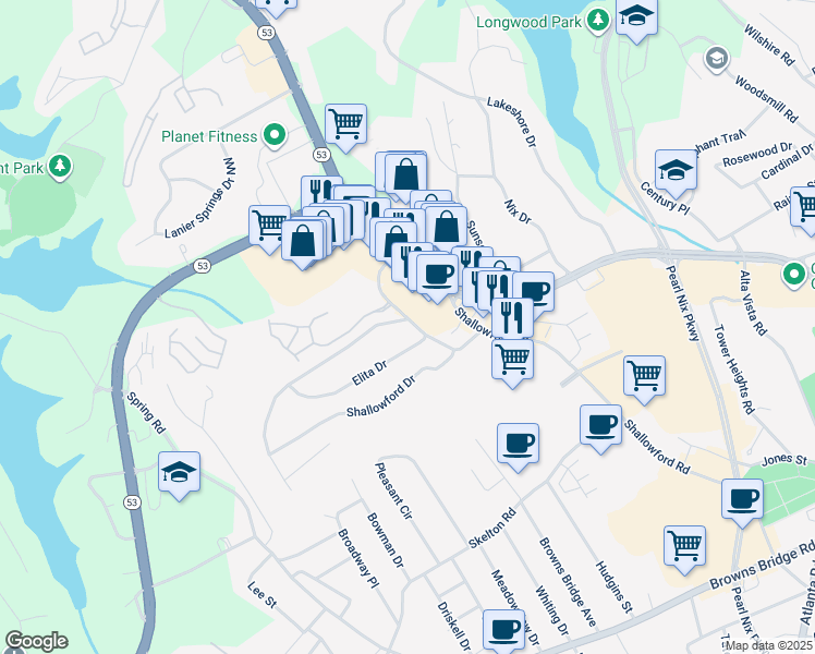 map of restaurants, bars, coffee shops, grocery stores, and more near 201 Green Hill Circle in Gainesville