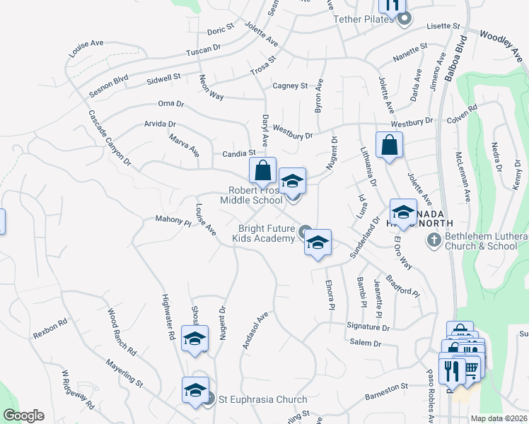 map of restaurants, bars, coffee shops, grocery stores, and more near 12320 Nugent Drive in Los Angeles