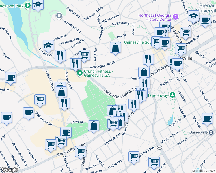 map of restaurants, bars, coffee shops, grocery stores, and more near 763 Parkway Drive in Gainesville
