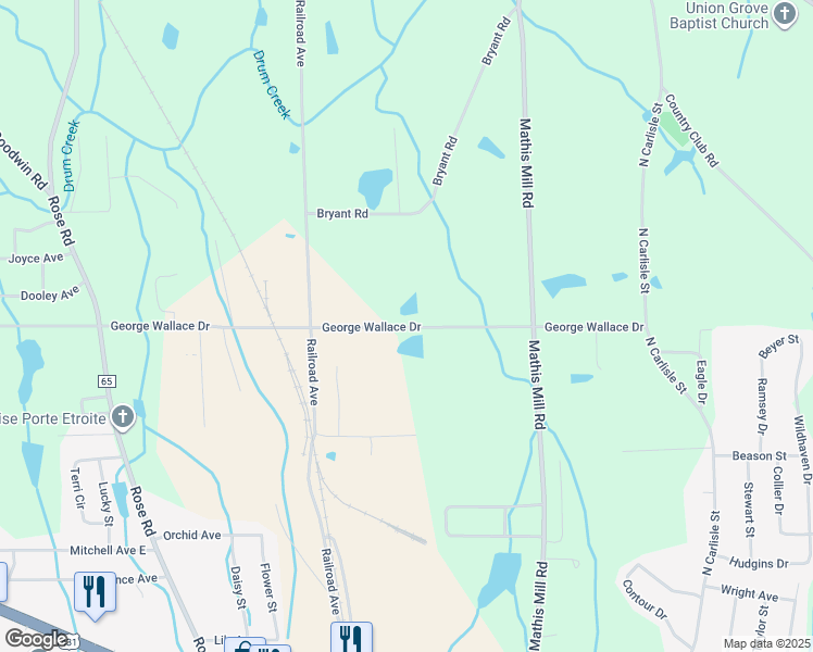 map of restaurants, bars, coffee shops, grocery stores, and more near 2566 George Wallace Drive in Albertville
