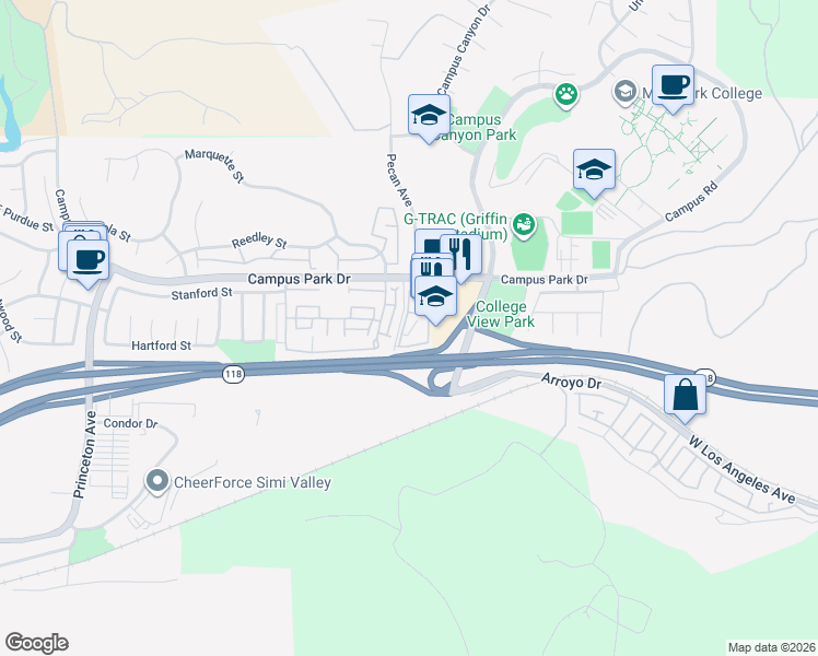 map of restaurants, bars, coffee shops, grocery stores, and more near 15242 Campus Park Drive in Moorpark