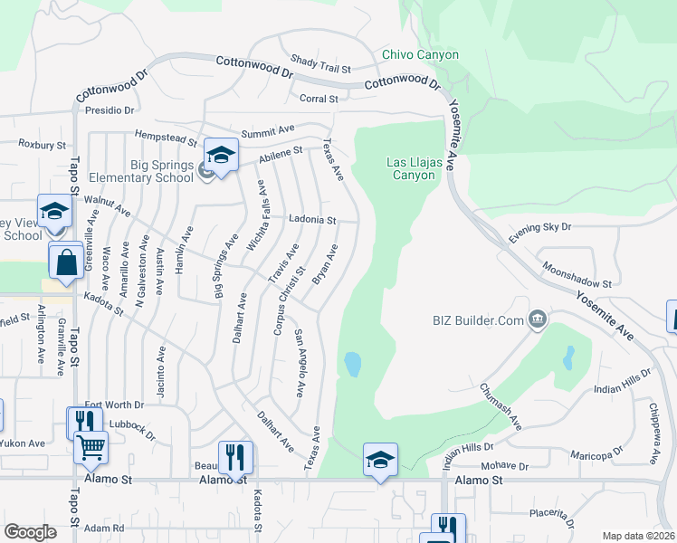 map of restaurants, bars, coffee shops, grocery stores, and more near 3283 Texas Avenue in Simi Valley