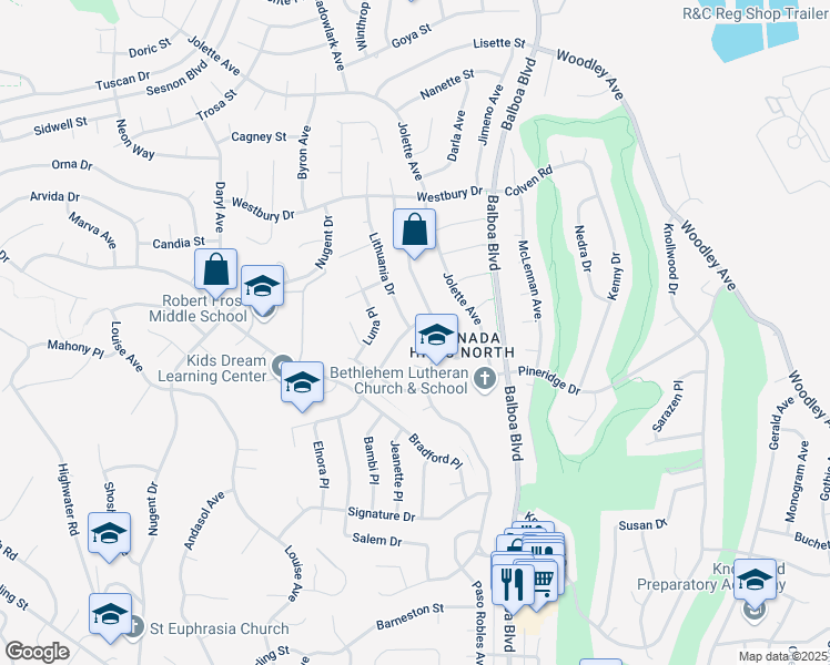 map of restaurants, bars, coffee shops, grocery stores, and more near 17110 Sunderland Drive in Los Angeles