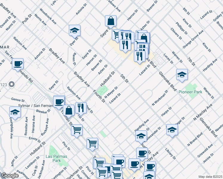 map of restaurants, bars, coffee shops, grocery stores, and more near 453 North Meyer Street in San Fernando