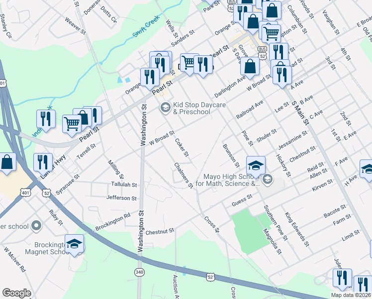 map of restaurants, bars, coffee shops, grocery stores, and more near 121 Coker Street in Darlington