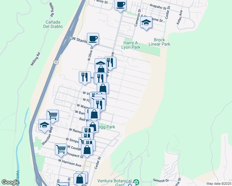map of restaurants, bars, coffee shops, grocery stores, and more near 120 East Lewis Street in Ventura