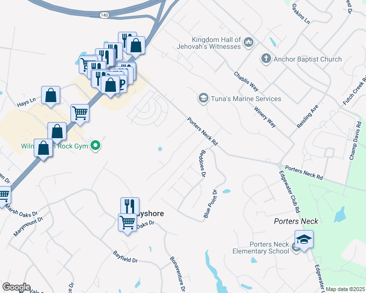 map of restaurants, bars, coffee shops, grocery stores, and more near 8238 Porters Crossing Way in Wilmington