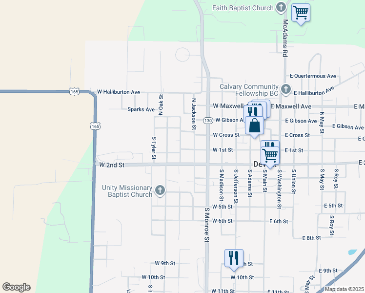 map of restaurants, bars, coffee shops, grocery stores, and more near 620 West 1st Street in DeWitt