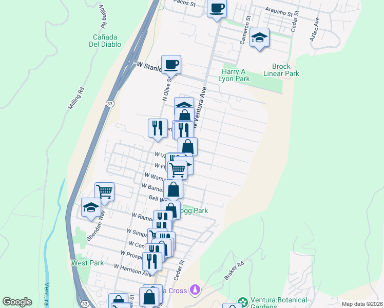 map of restaurants, bars, coffee shops, grocery stores, and more near 1240 North Ventura Avenue in Ventura