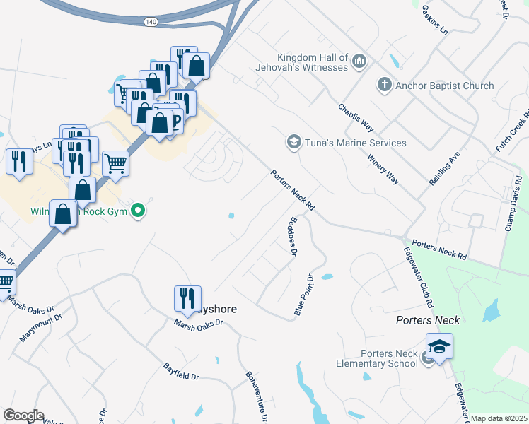 map of restaurants, bars, coffee shops, grocery stores, and more near 8238 Porters Crossing Way in Wilmington