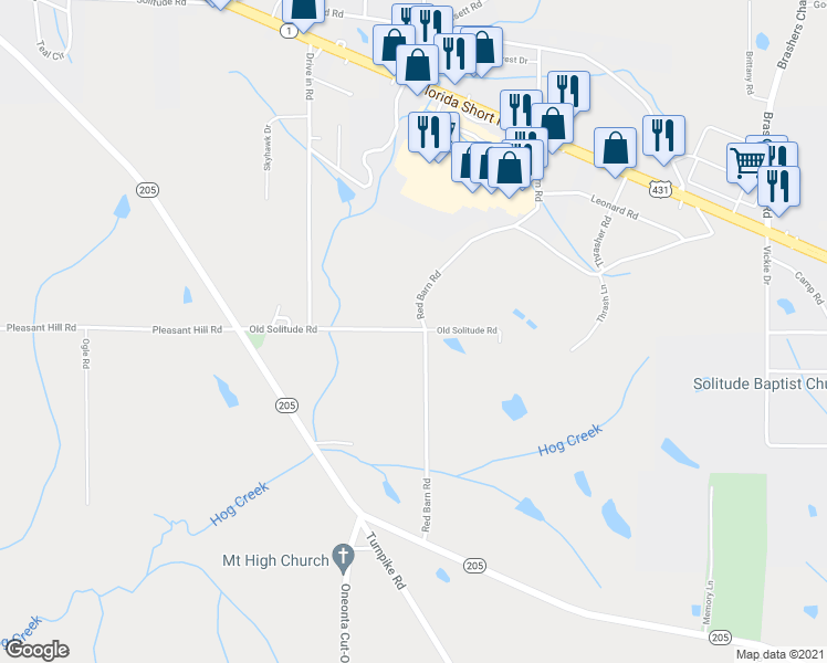 map of restaurants, bars, coffee shops, grocery stores, and more near 222 Old Solitude Road in Guntersville