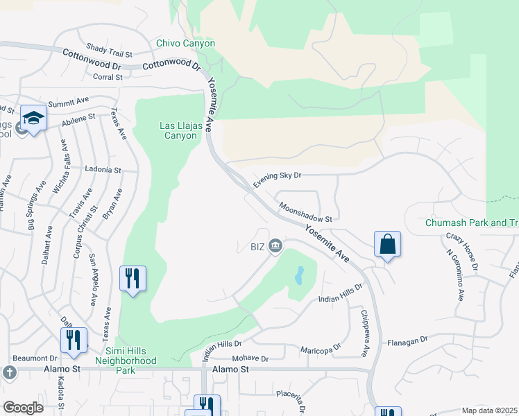 map of restaurants, bars, coffee shops, grocery stores, and more near 3248 Bluebird Circle in Simi Valley