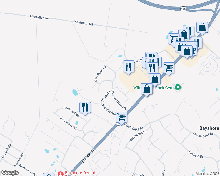 map of restaurants, bars, coffee shops, grocery stores, and more near 7947 Placid Drive in Wilmington