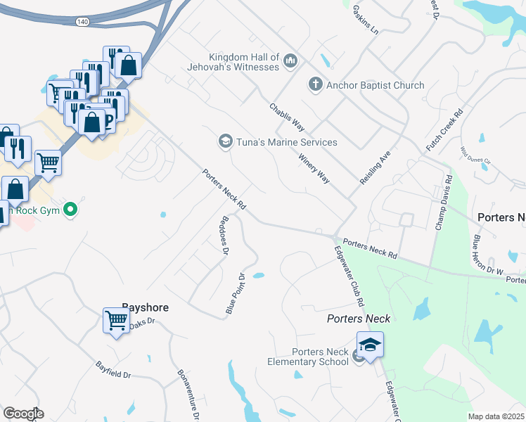 map of restaurants, bars, coffee shops, grocery stores, and more near 609 Porters Neck Road in Wilmington