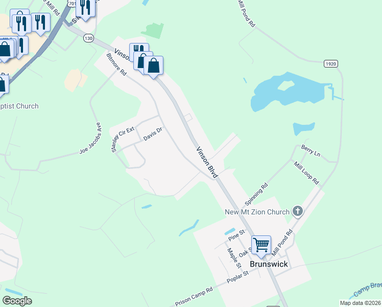 map of restaurants, bars, coffee shops, grocery stores, and more near 687 Bitmore Road in Whiteville