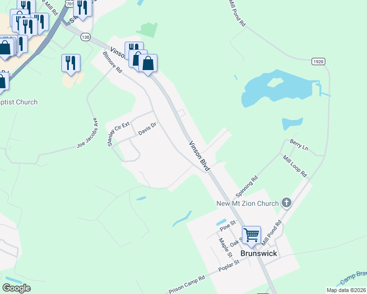 map of restaurants, bars, coffee shops, grocery stores, and more near 687 Bitmore Road in Whiteville