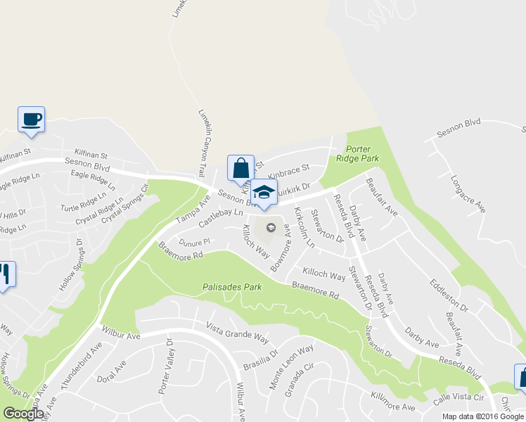 map of restaurants, bars, coffee shops, grocery stores, and more near 19019 Castlebay Lane in Los Angeles