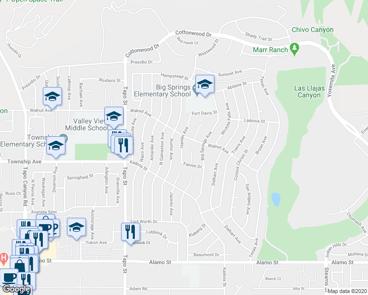 map of restaurants, bars, coffee shops, grocery stores, and more near 3262 Hamlin Avenue in Simi Valley