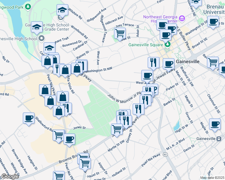 map of restaurants, bars, coffee shops, grocery stores, and more near 763 Parkway Drive in Gainesville