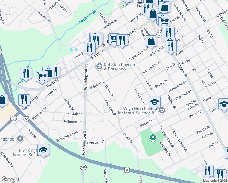 map of restaurants, bars, coffee shops, grocery stores, and more near 121 Coker St in Darlington