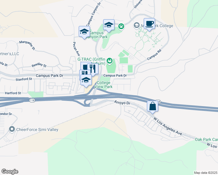 map of restaurants, bars, coffee shops, grocery stores, and more near 6421 Overly Street in Moorpark