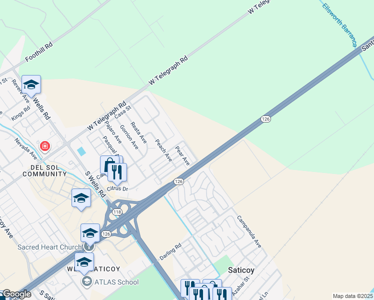 map of restaurants, bars, coffee shops, grocery stores, and more near 395 Silk Tree Avenue in Ventura