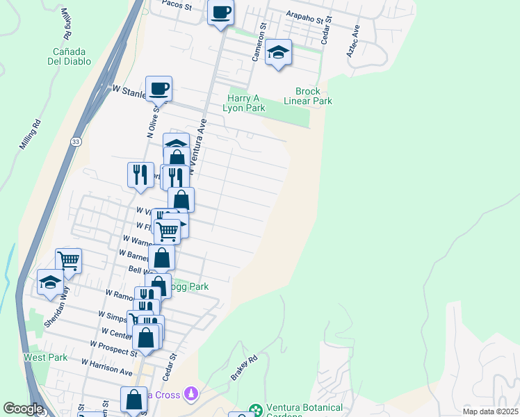 map of restaurants, bars, coffee shops, grocery stores, and more near 312 Carr Drive in Ventura