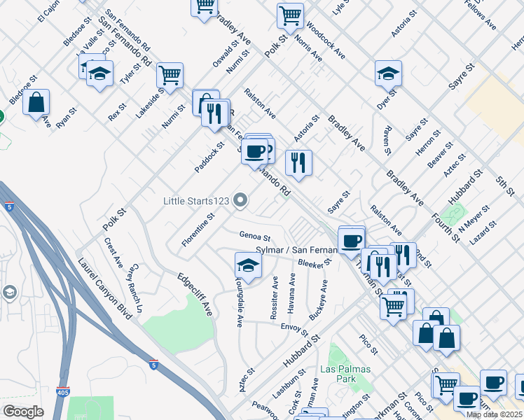 map of restaurants, bars, coffee shops, grocery stores, and more near 14921 West Navarre Way in Los Angeles