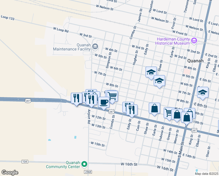 map of restaurants, bars, coffee shops, grocery stores, and more near 804 Gholston Street in Quanah