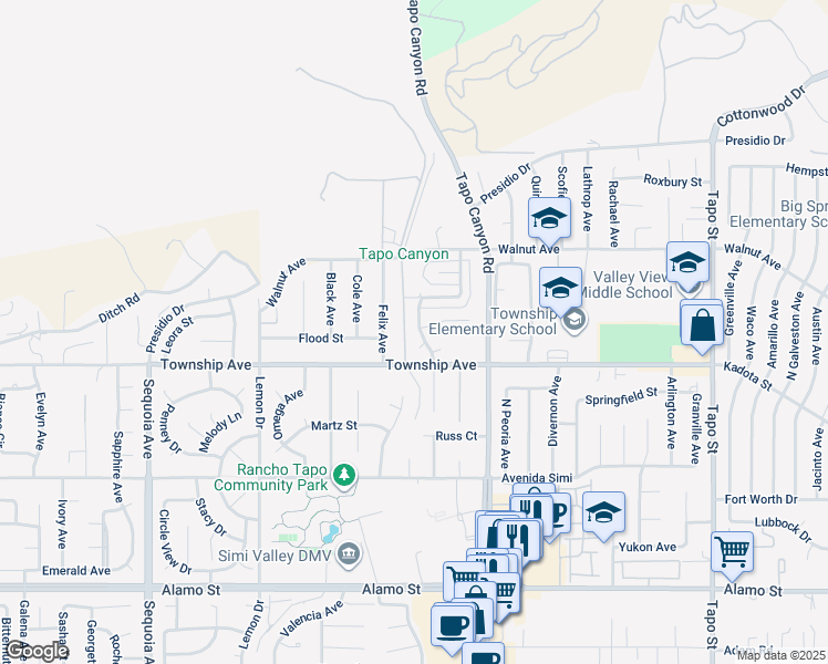 map of restaurants, bars, coffee shops, grocery stores, and more near 3265 Sheri Drive in Simi Valley