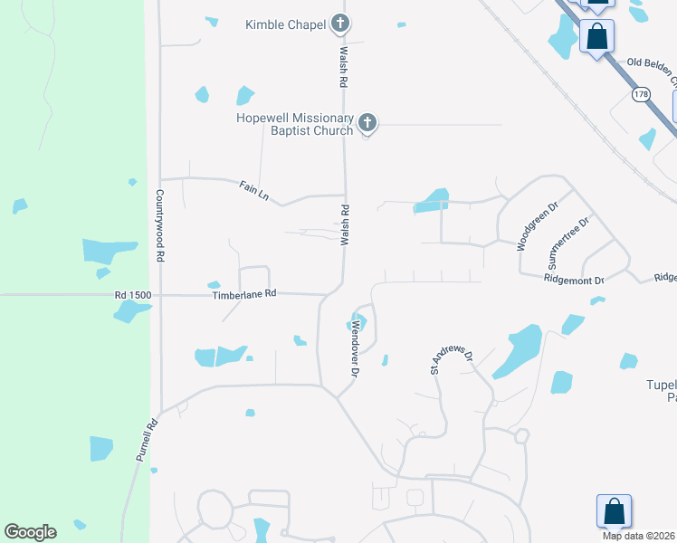 map of restaurants, bars, coffee shops, grocery stores, and more near 2589 Walsh Road in Tupelo
