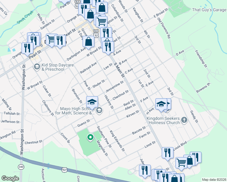 map of restaurants, bars, coffee shops, grocery stores, and more near 804 South Dargan Street in Darlington