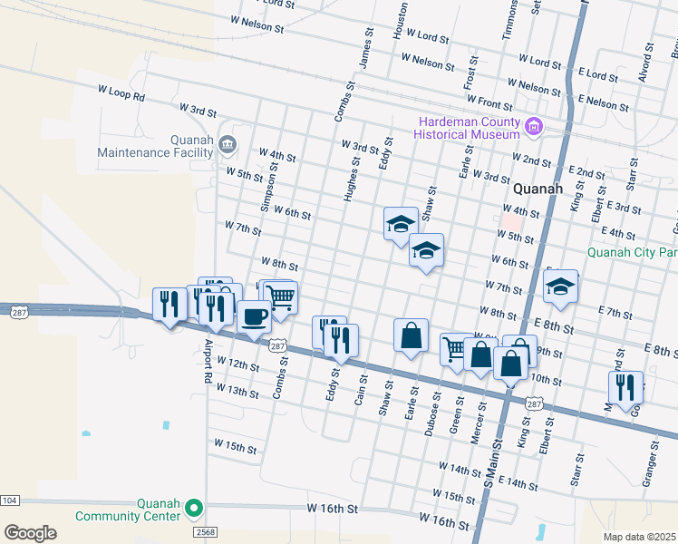 map of restaurants, bars, coffee shops, grocery stores, and more near 808 West 8th Street in Quanah