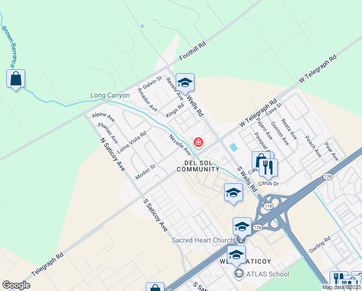 map of restaurants, bars, coffee shops, grocery stores, and more near 95 Nevada Avenue in Ventura