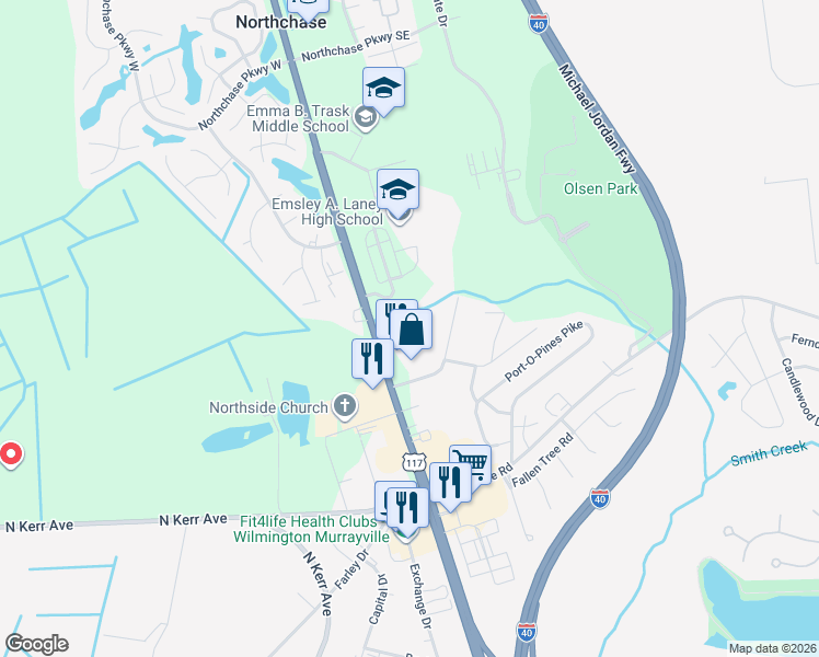 map of restaurants, bars, coffee shops, grocery stores, and more near 2608 North College Road in Wilmington
