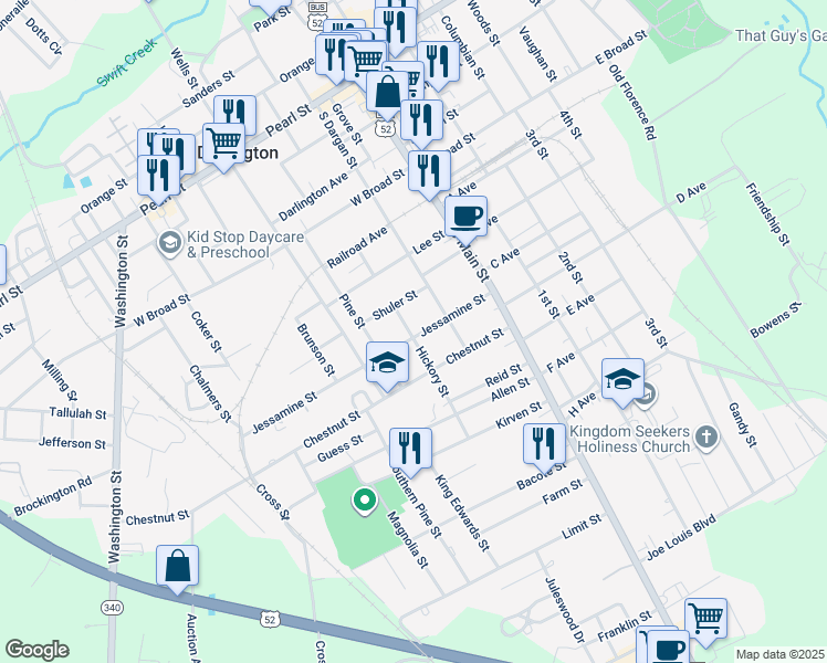map of restaurants, bars, coffee shops, grocery stores, and more near 214 Jessamine Street in Darlington