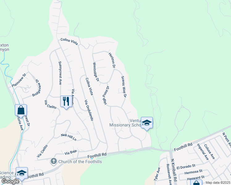 map of restaurants, bars, coffee shops, grocery stores, and more near 7151 Ridgecrest Court in Ventura