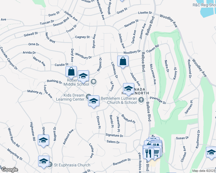 map of restaurants, bars, coffee shops, grocery stores, and more near 12318 Foxcroft Place in Los Angeles