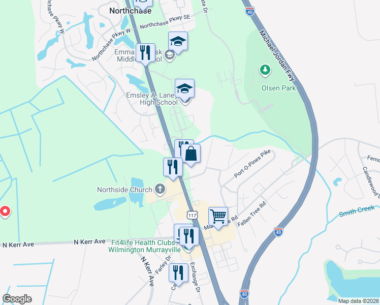 map of restaurants, bars, coffee shops, grocery stores, and more near 2608 North College Road in Wilmington