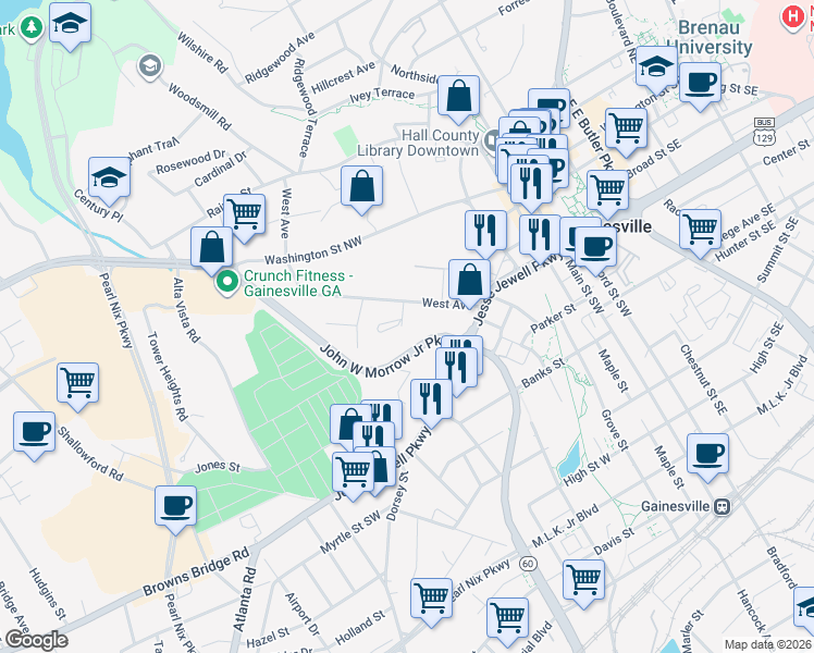 map of restaurants, bars, coffee shops, grocery stores, and more near 325 Comer Street in Gainesville