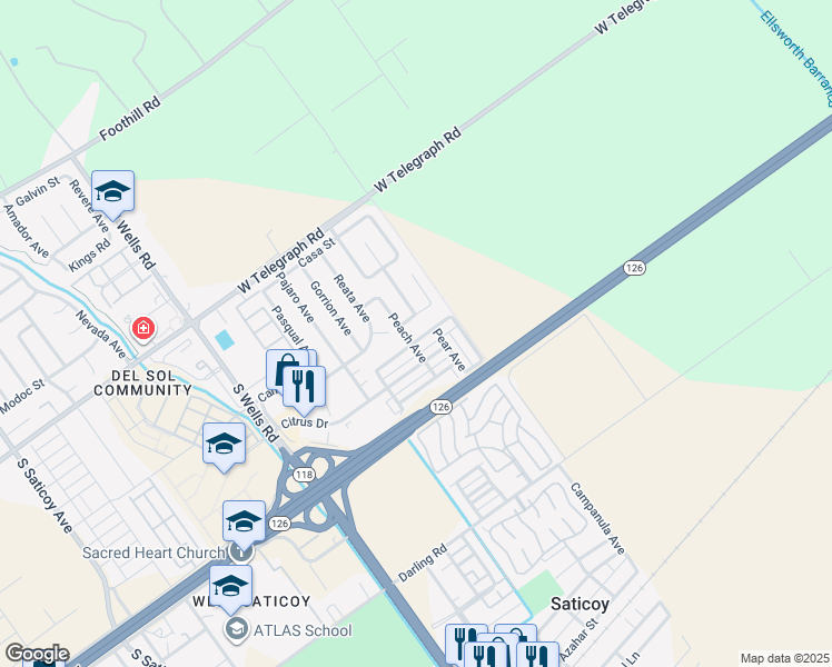 map of restaurants, bars, coffee shops, grocery stores, and more near 11395 Beechnut Street in Santa Paula