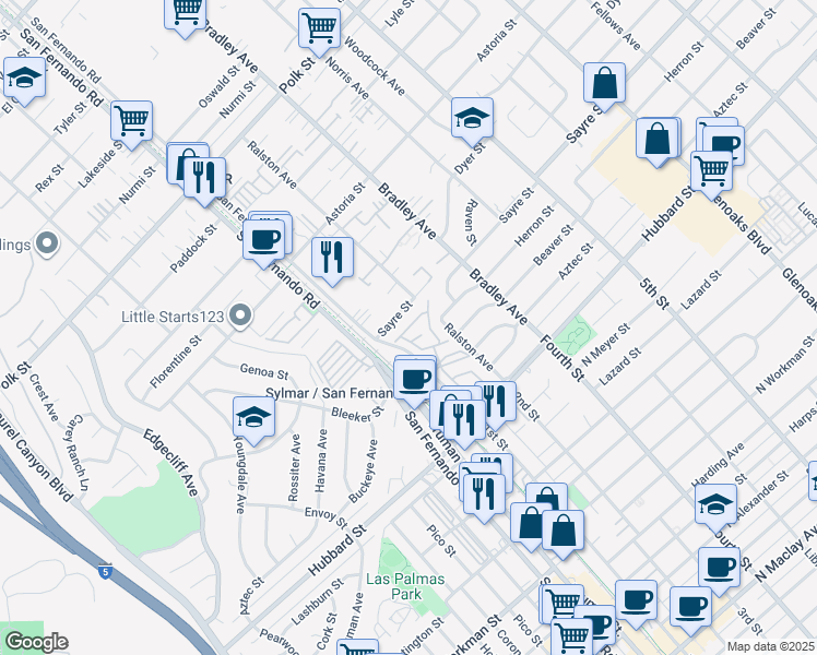 map of restaurants, bars, coffee shops, grocery stores, and more near 14630 Tundra Drive in Los Angeles