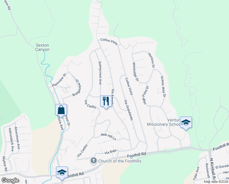 map of restaurants, bars, coffee shops, grocery stores, and more near 1018 Via Arroyo in Ventura