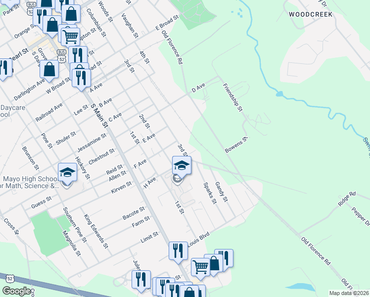 map of restaurants, bars, coffee shops, grocery stores, and more near 803 3rd Street in Darlington