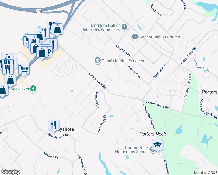 map of restaurants, bars, coffee shops, grocery stores, and more near 609 Porters Neck Road in Wilmington