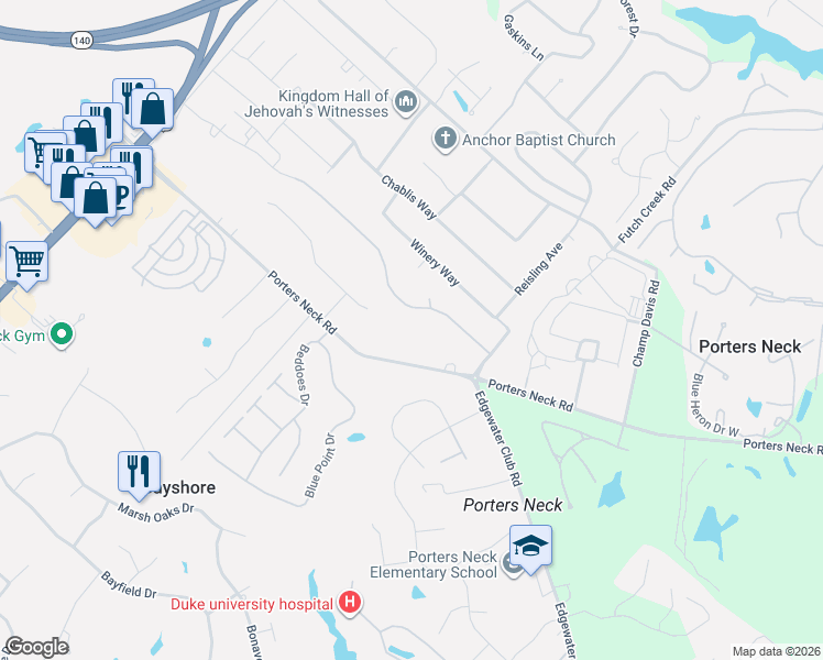 map of restaurants, bars, coffee shops, grocery stores, and more near 817 Porters Neck Road in Wilmington