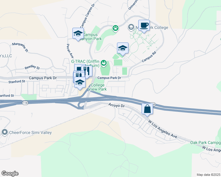 map of restaurants, bars, coffee shops, grocery stores, and more near 15444 Dracena Avenue in Moorpark