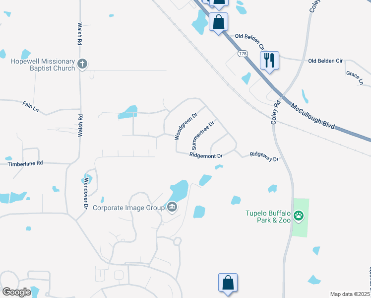 map of restaurants, bars, coffee shops, grocery stores, and more near 4218-4798 Ridgemont Drive in Tupelo