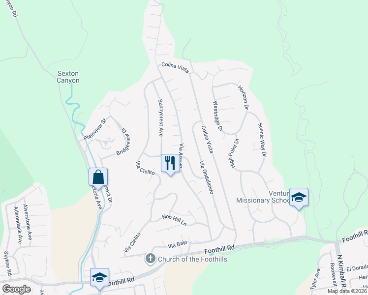 map of restaurants, bars, coffee shops, grocery stores, and more near 1018 Via Arroyo in Ventura